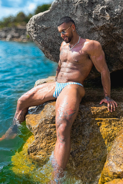JJ Malibu Men's Cheeky Classic G-String Thong- Blue Stripes