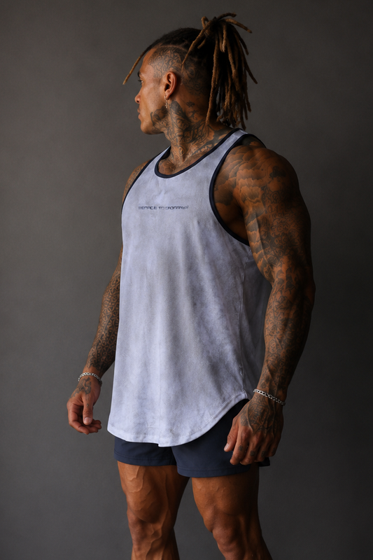 Jed North Men's Fast-Dry Bodybuilding Workout Stringer - Dusted White w/ Navy