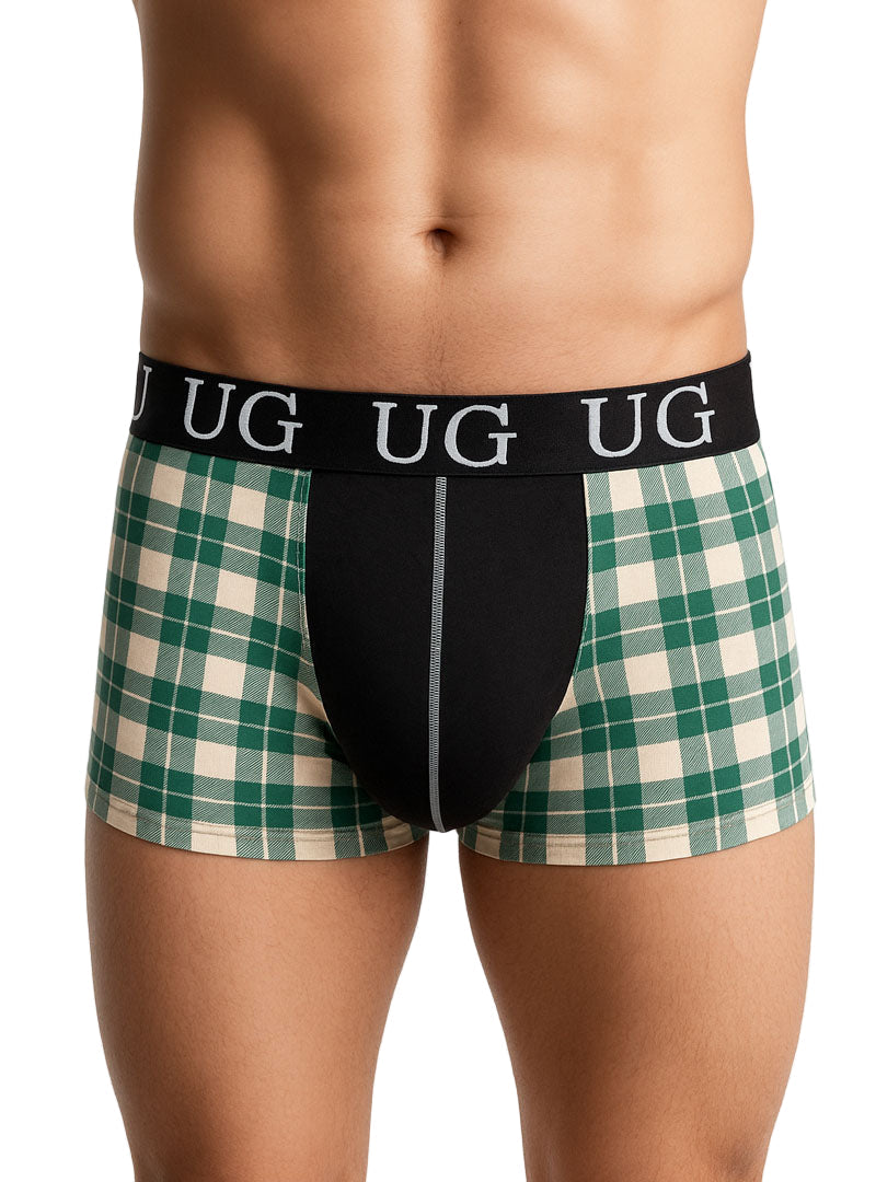 Festive comfort men’s cotton trunk in green and cream plaid with black panel and ug logo waistband