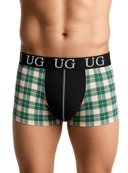 Festive comfort men’s cotton trunk in green and cream plaid with black panel and ug logo waistband