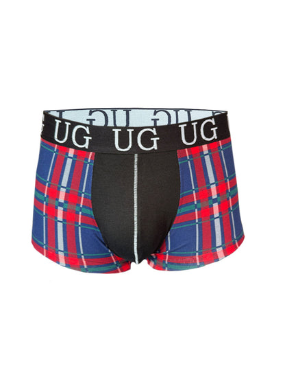 Festive Comfort men’s cotton trunk in blue red and white plaid with black panel and ug branded waistband