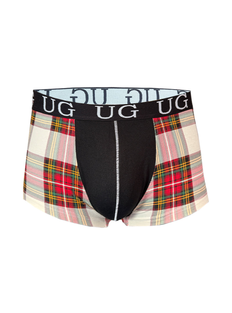 Festive comfort men’s cotton trunk boxer briefs in black and plaid pattern with branded waistband