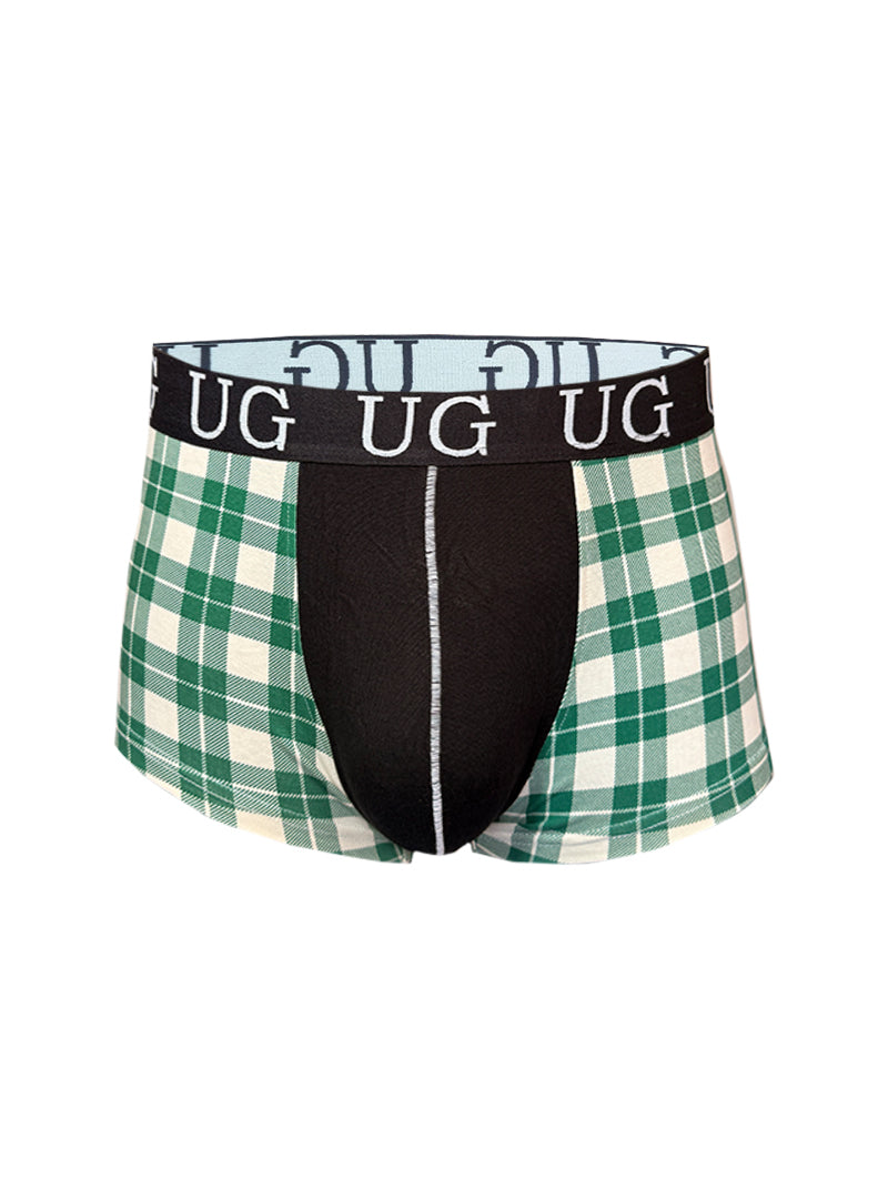 Festive comfort men’s cotton trunk boxer briefs in green and white plaid with black panel and ug logo waistband
