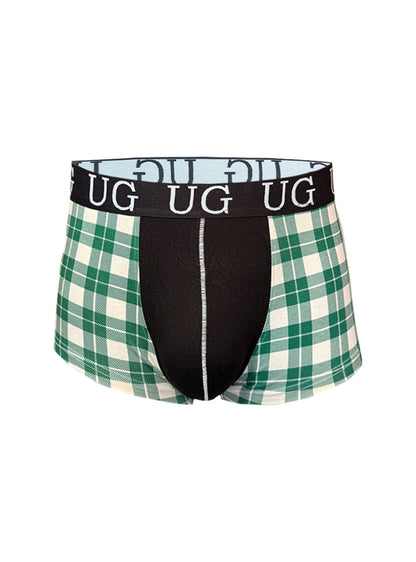 Festive comfort men’s cotton trunk boxer briefs in green and white plaid with black panel and ug logo waistband