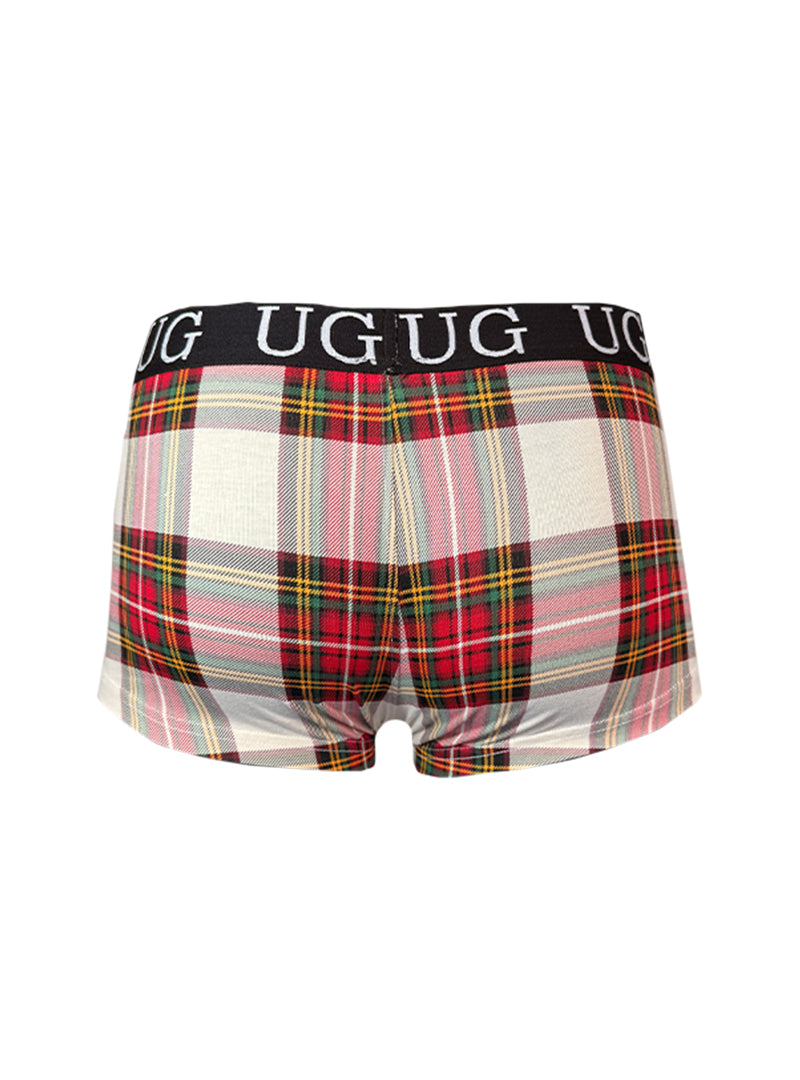 Festive comfort men’s cotton trunk underwear with plaid pattern in red pink and green stripes on white base