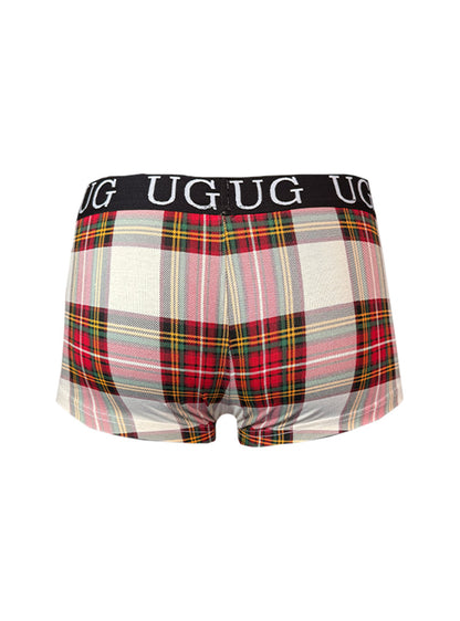 Festive comfort men’s cotton trunk underwear with plaid pattern in red pink and green stripes on white base