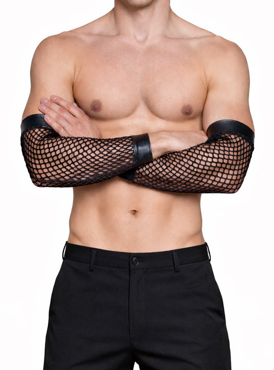 Black fishnet arm band with leather cuffs featuring fishnet material and black leather wrist straps for edgy style