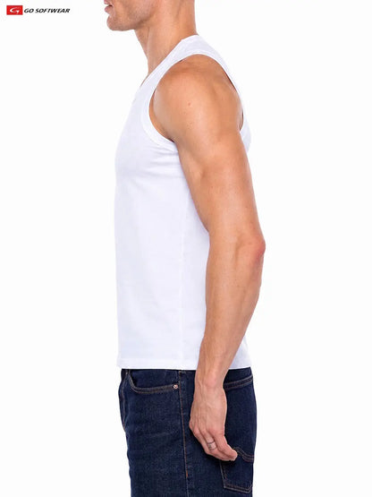 Men's white tank top by Go Softwear featuring a fitted design and sleeveless cut shown on a model from the side
