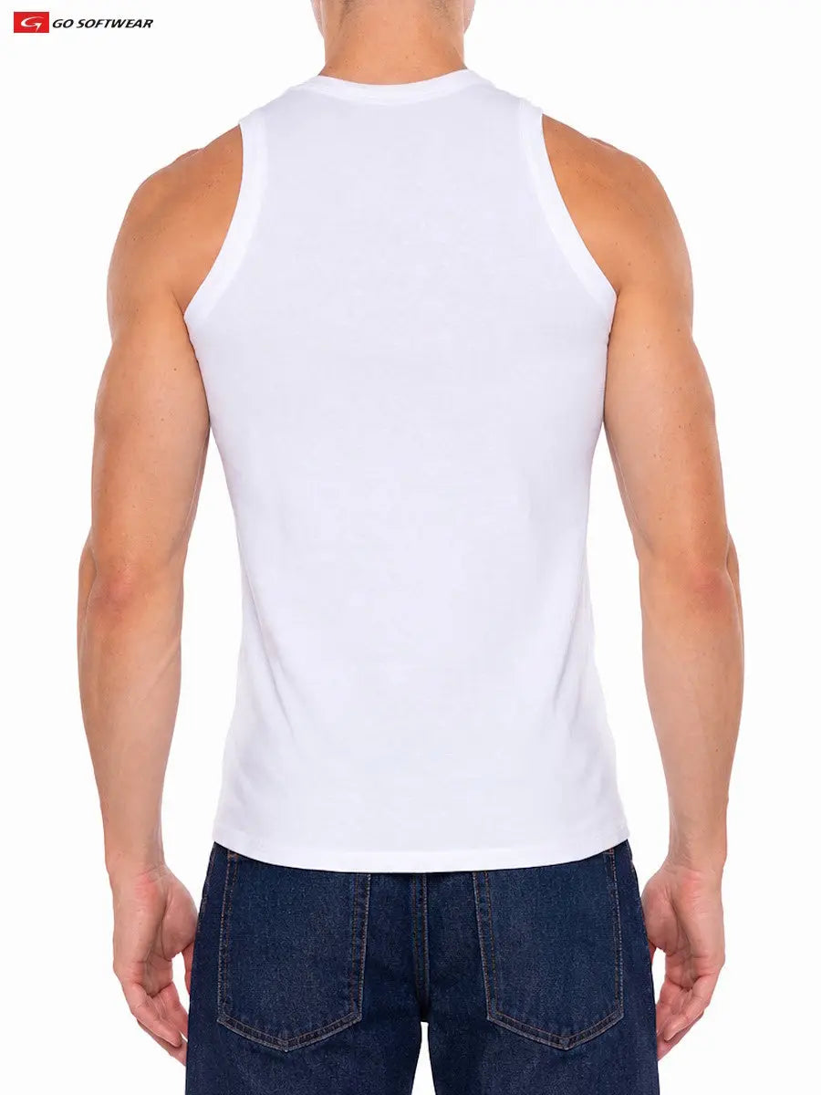 Men's white tank top from Go Softwear featuring a fitted design and sleeveless cut shown from the back with denim jeans