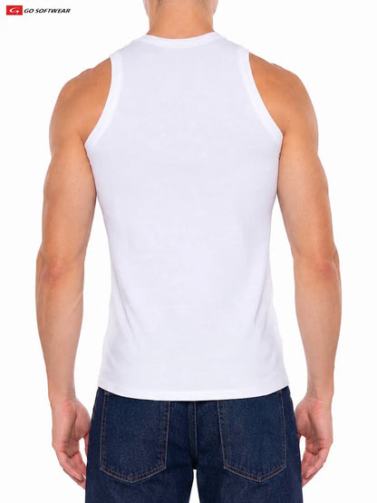 Men's white tank top from Go Softwear featuring a fitted design and sleeveless cut shown from the back with denim jeans