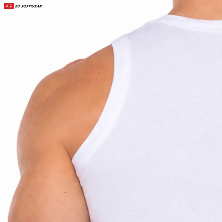 Close-up of a man's shoulder and upper arm wearing a white tank top from Go Softwear showcasing the fabric and fit.