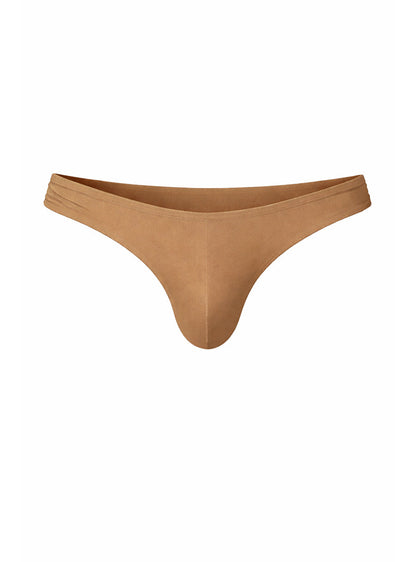 Tan seamless thong made of smooth stretchy fabric showing back view in fizx full coverage men’s bikini