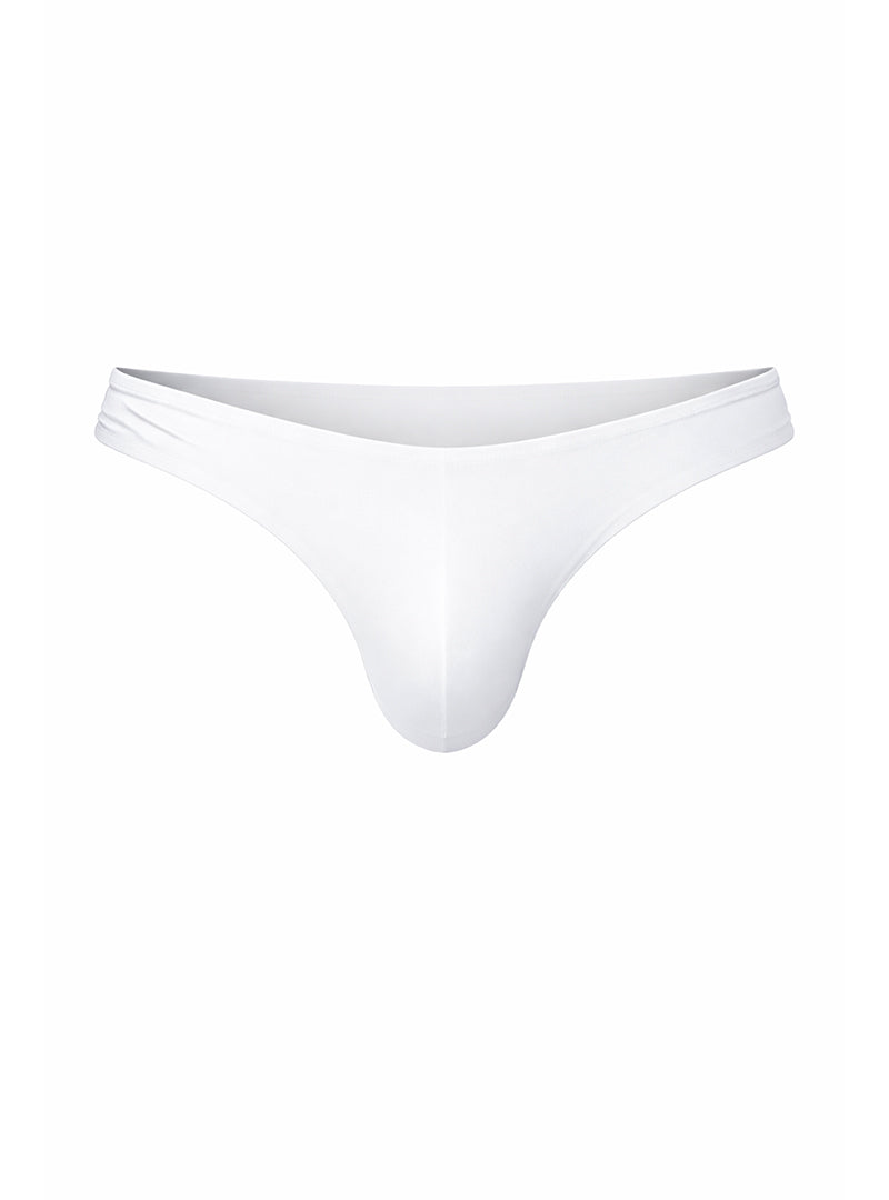 White smooth-textured fizx full coverage men’s bikini thong with minimalist design and subtle ruching on the waistband