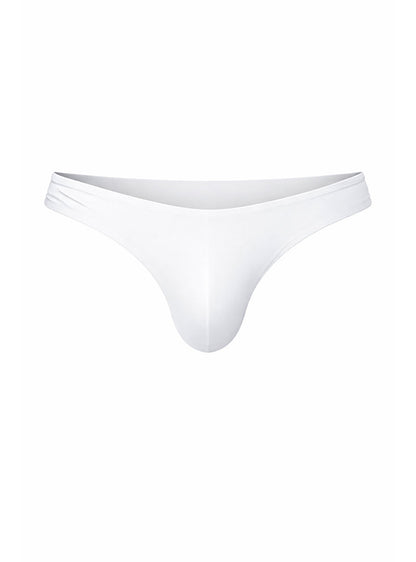 White smooth-textured fizx full coverage men’s bikini thong with minimalist design and subtle ruching on the waistband