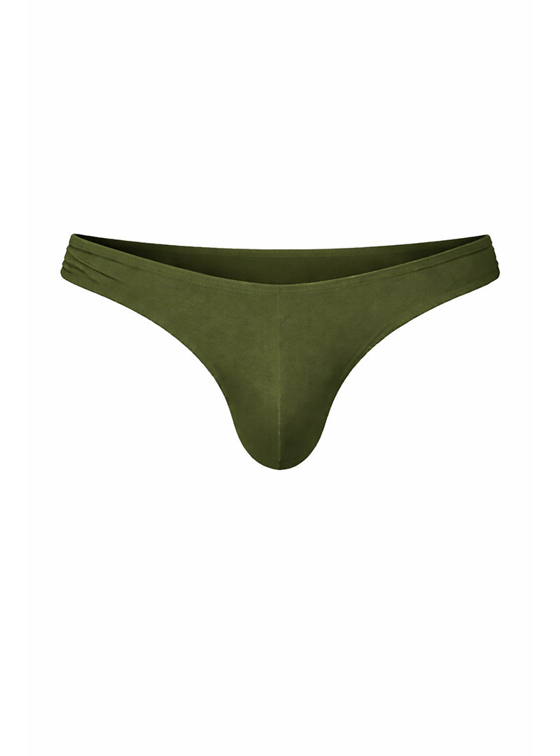 Olive green fizx full coverage men’s bikini thong made of smooth stretchy fabric with a gathered waistband back view