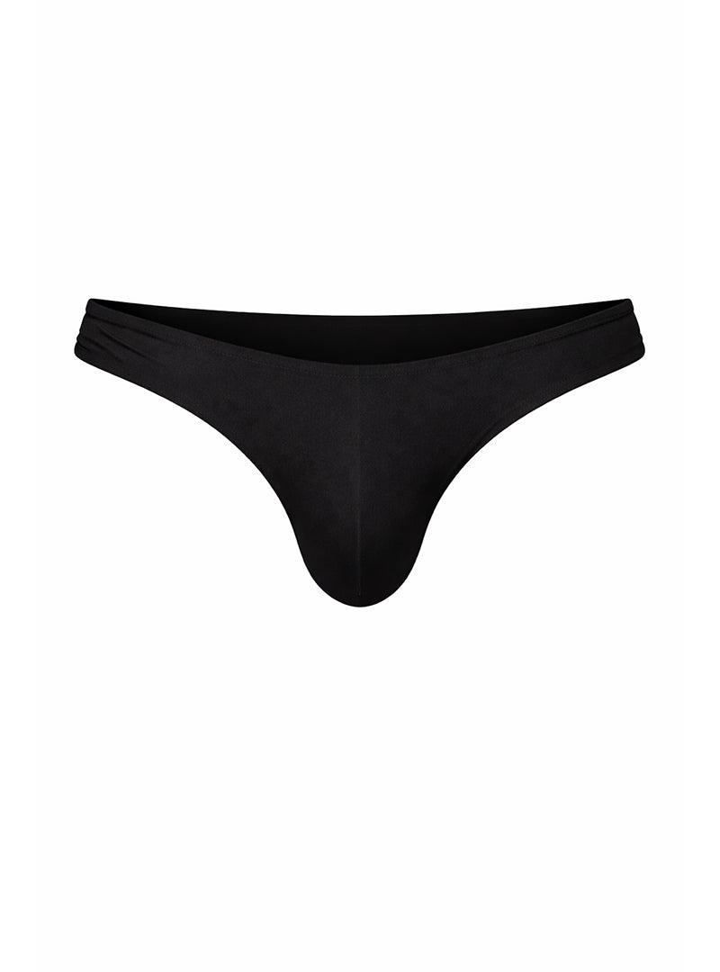 Black fizx full coverage men’s bikini thong made from smooth stretchy fabric with a contoured minimalist design