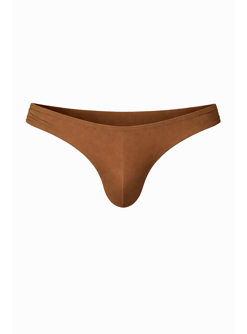 Tan seamless thong made of smooth fabric with gathered waistband shown from the back in fizx full coverage men’s bikini