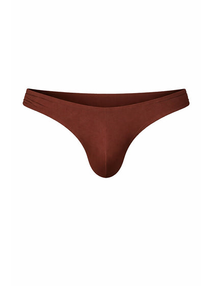 Brown fizx full coverage men’s bikini thong with smooth seamless design and ruched waistband showing back side