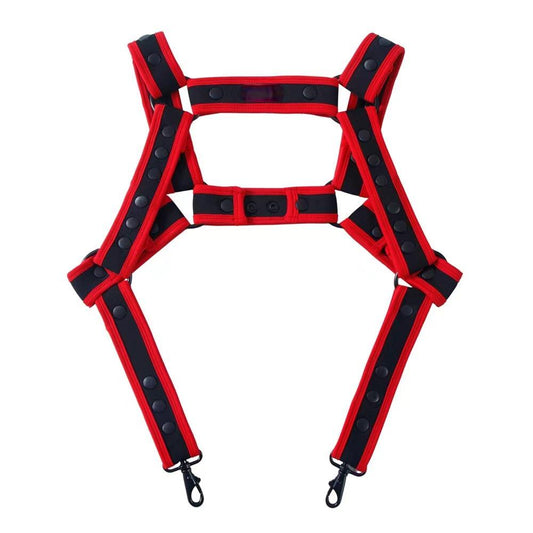 Red and black reflective Fizx harness with adjustable straps and metal hooks for safety and secure support