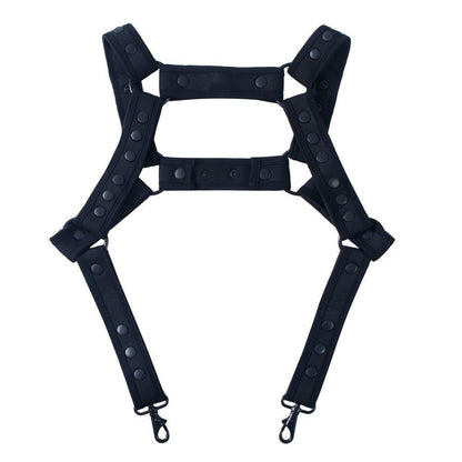 Black tactical-style fizx harness with adjustable straps and metal clasps for secure fit and durability