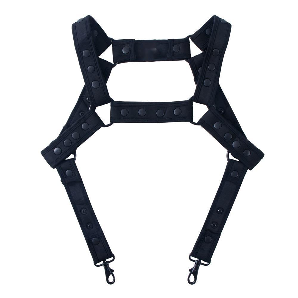 Black tactical-style fizx harness with adjustable straps and metal clasps for secure fit and durability