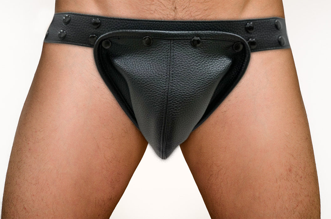 Black leather thong jockstrap with removable pouch textured surface and decorative rivets along waistband