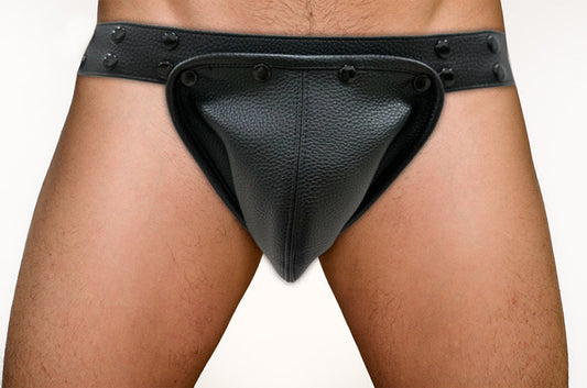 Black leather thong jockstrap with removable pouch textured surface and decorative rivets along waistband