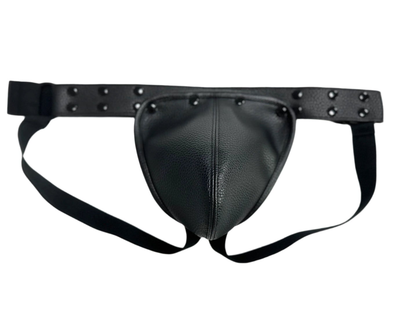 Black leather fizx jockstrap with silver studs along waistband and removable pouch shown from the back side