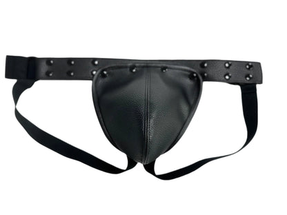 Black leather fizx jockstrap with silver studs along waistband and removable pouch shown from the back side
