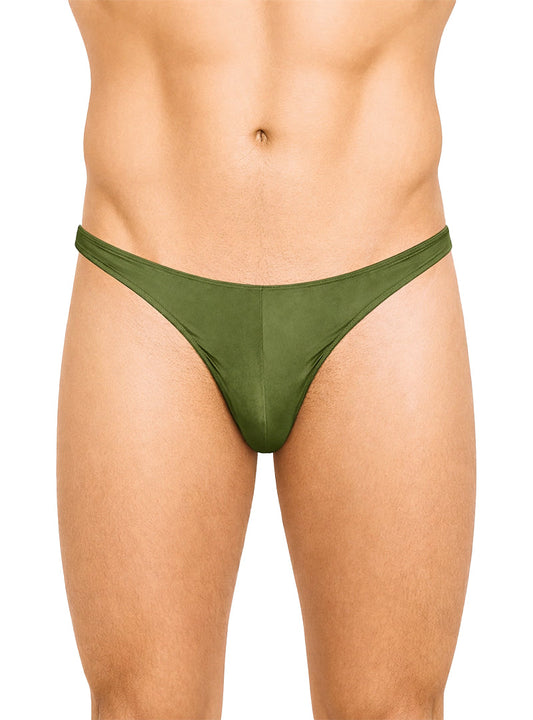 Olive green fizx rayon thong made of smooth stretchy fabric with sleek minimalist design shown from the back