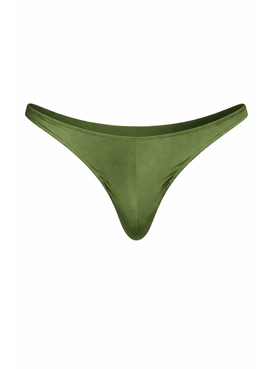 Olive green satin rayon thong with smooth glossy finish and minimalistic design by fizx shown from front