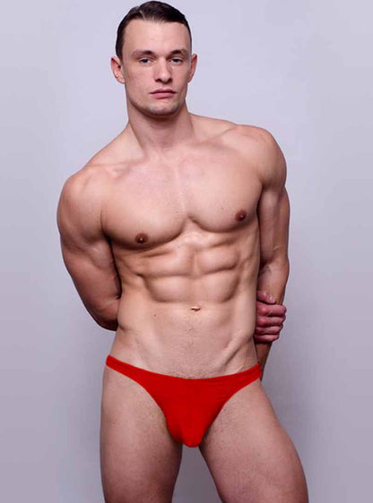 A vibrant red form-fitting fizx rio rayon plus pouch briefs with smooth fabric finish