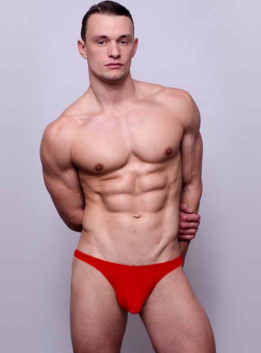 A vibrant red form-fitting fizx rio rayon plus pouch briefs with smooth fabric finish