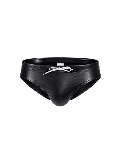 Black leather-like swim trunks with white drawstring bow at waist from fizx swim bikini with removable push pad