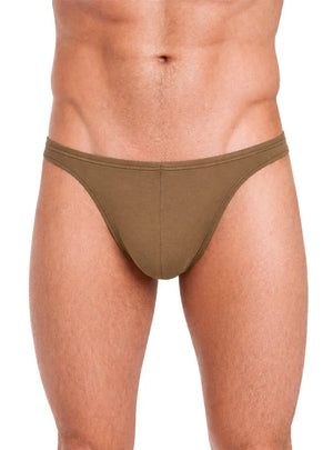 Khaki rayon thong with a plus pouch featuring a smooth finish shown on a model by Undergear