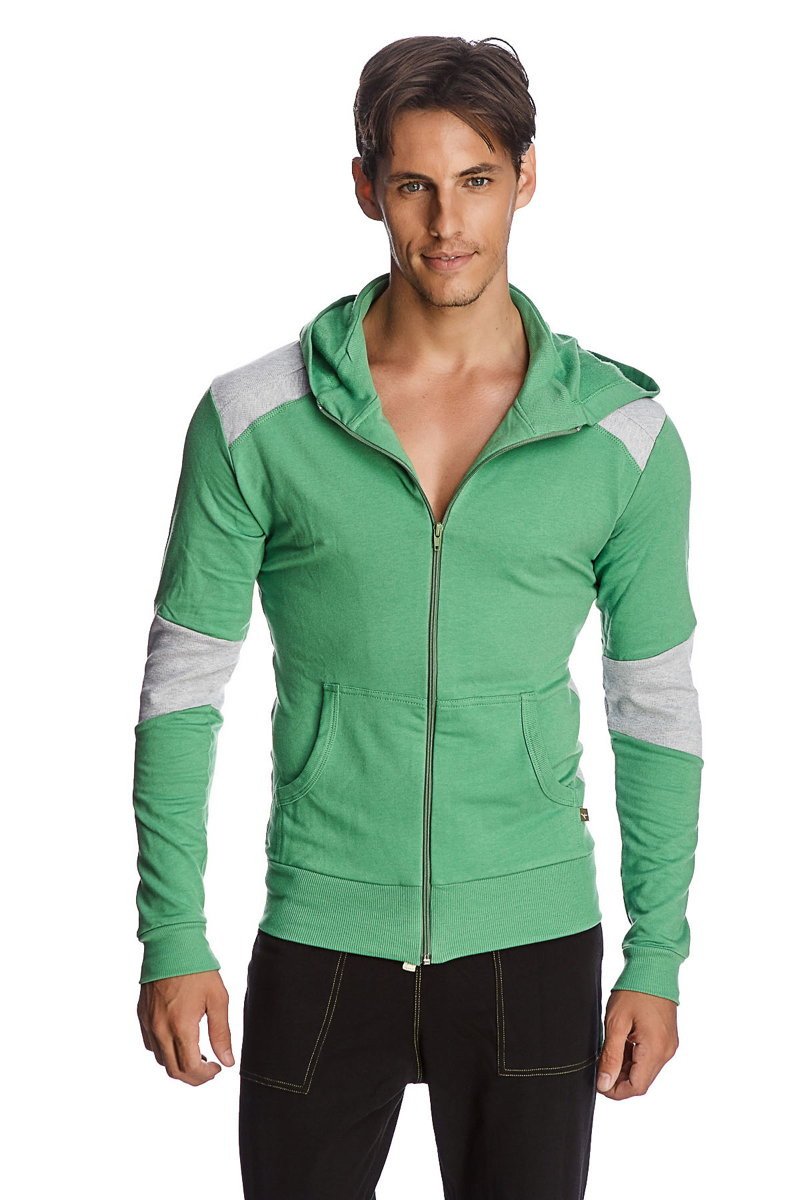 Form-fit crossover yoga track performance hoodie in bamboo green and grey with color-block zip-up, hood, and pockets