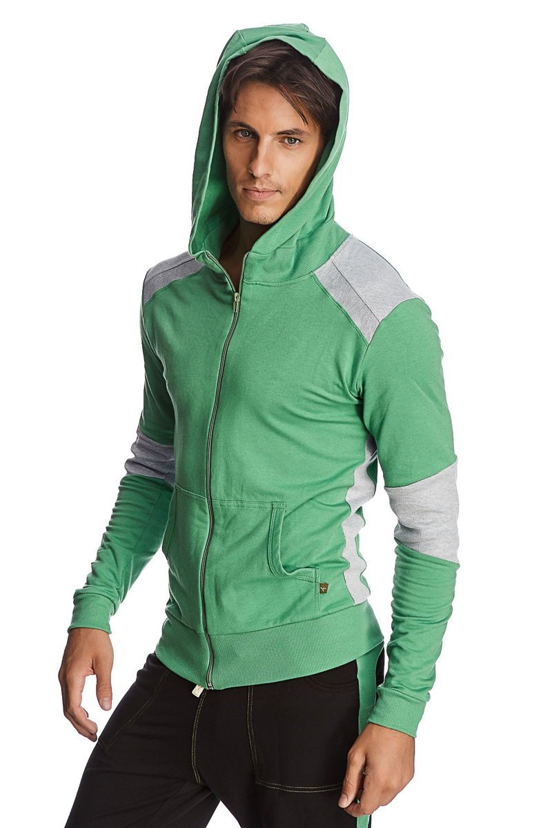 Form-fit crossover yoga track performance hoodie in bamboo green and grey with zip-up front and shoulder panel accents