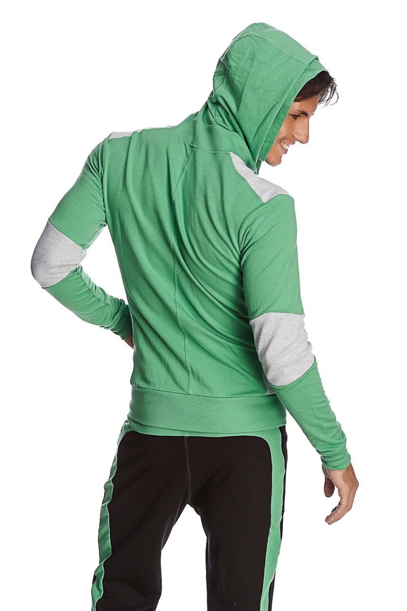 Form-fit crossover yoga track performance hoodie in bamboo green and grey with long sleeves hood and side stripes