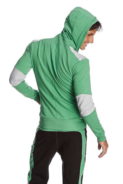 Form-fit crossover yoga track performance hoodie in bamboo green and grey with long sleeves hood and side stripes