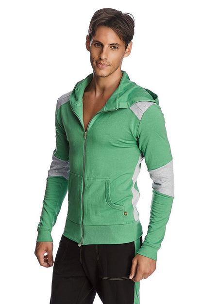 Form-fit crossover yoga track performance hoodie in bamboo green with gray panel accents on shoulders and sleeves