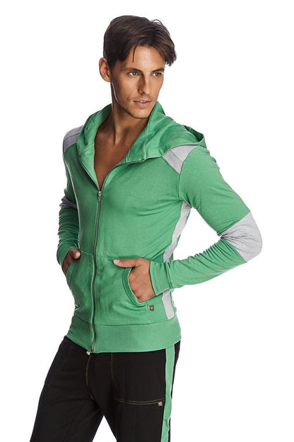 Green form-fit crossover yoga track performance hoodie with gray shoulder panels made from bamboo fabric