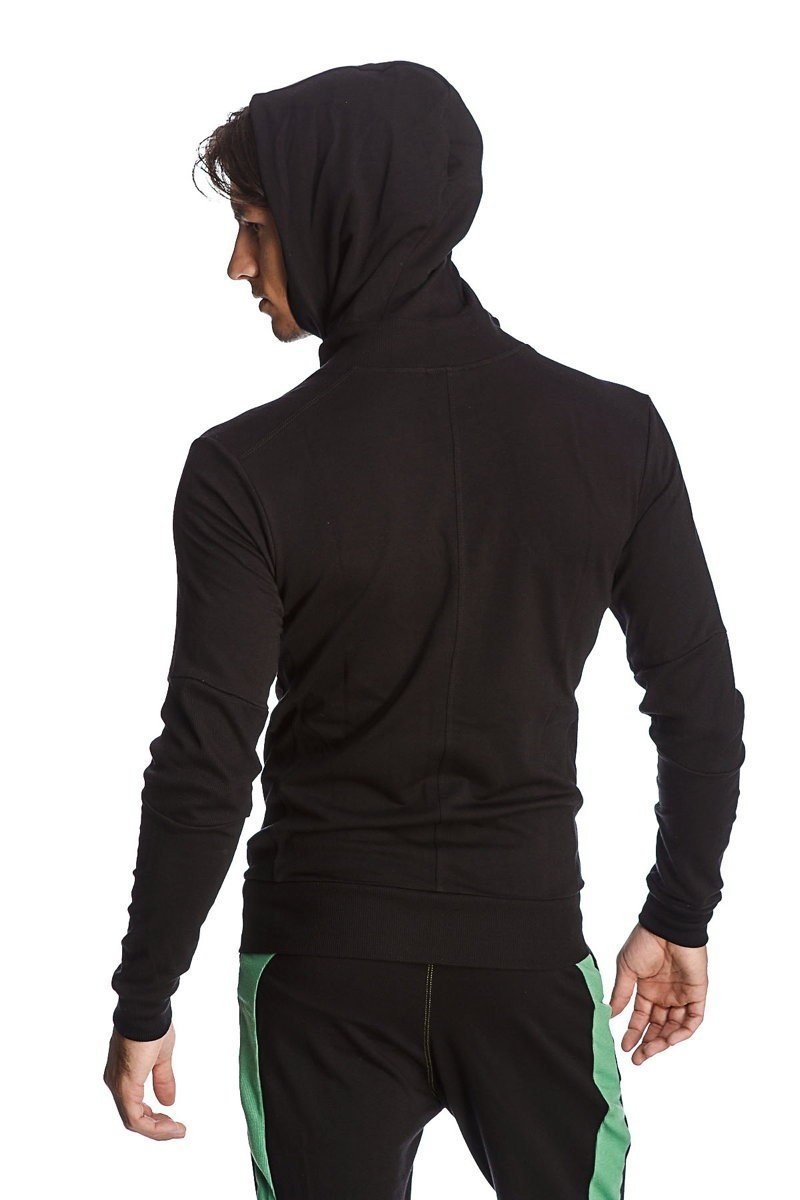 Back view of a black form-fit crossover yoga track hoodie with long sleeves and subtle seam detail along the back