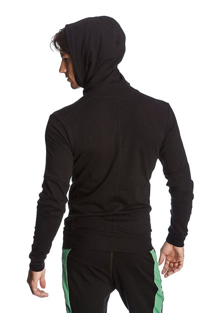 Back view of a black form-fit crossover yoga track hoodie with long sleeves and subtle seam detail along the back
