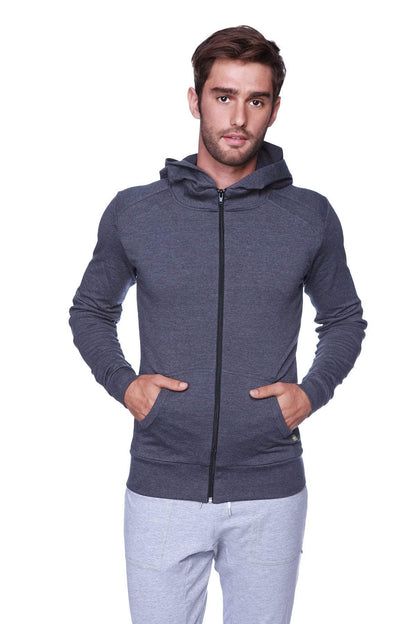 Form-fit crossover yoga track performance hoodie in charcoal with textured fabric and black zipper for active wear