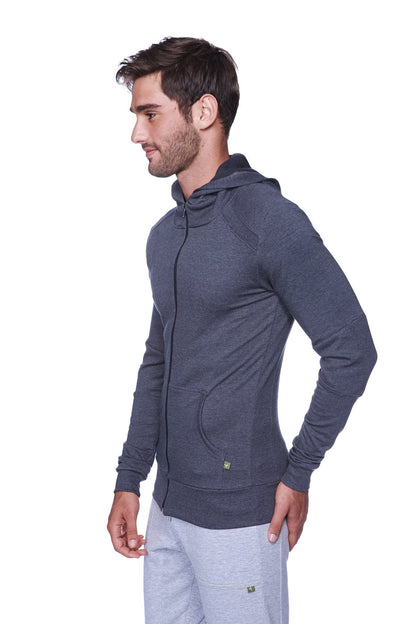 Dark gray heathered form-fit crossover yoga track performance hoodie with subtle textured fabric and matching drawstring hood