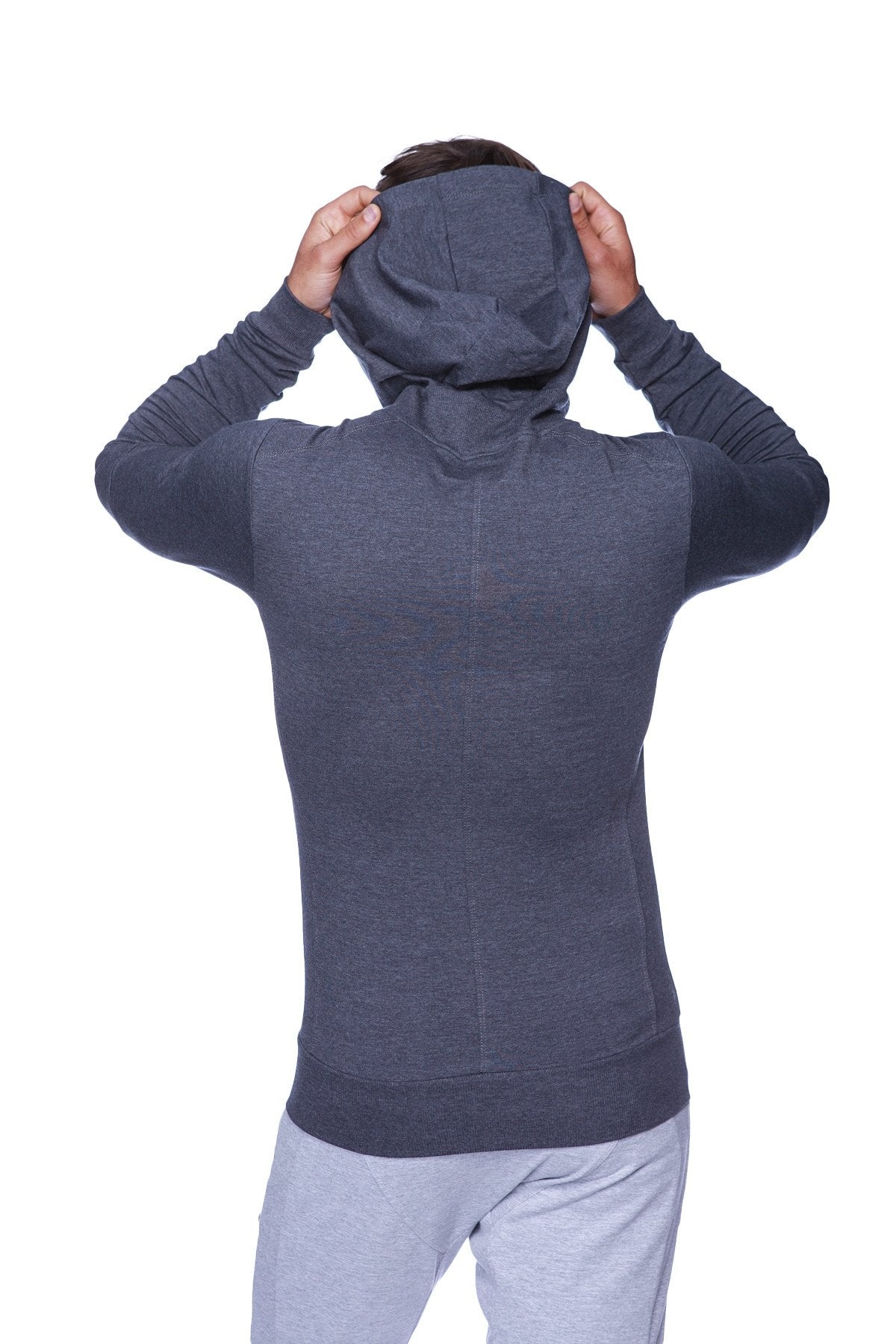 Dark gray form-fit crossover yoga track performance hoodie with textured fabric and long sleeves for activewear
