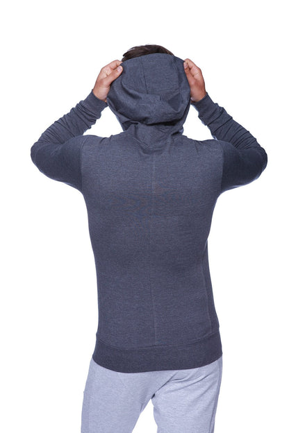 Dark gray form-fit crossover yoga track performance hoodie with textured fabric and long sleeves for activewear
