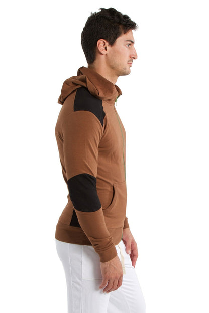 Form-fit crossover yoga track performance hoodie in chocolate and black with zip-up front and attached hood for workouts