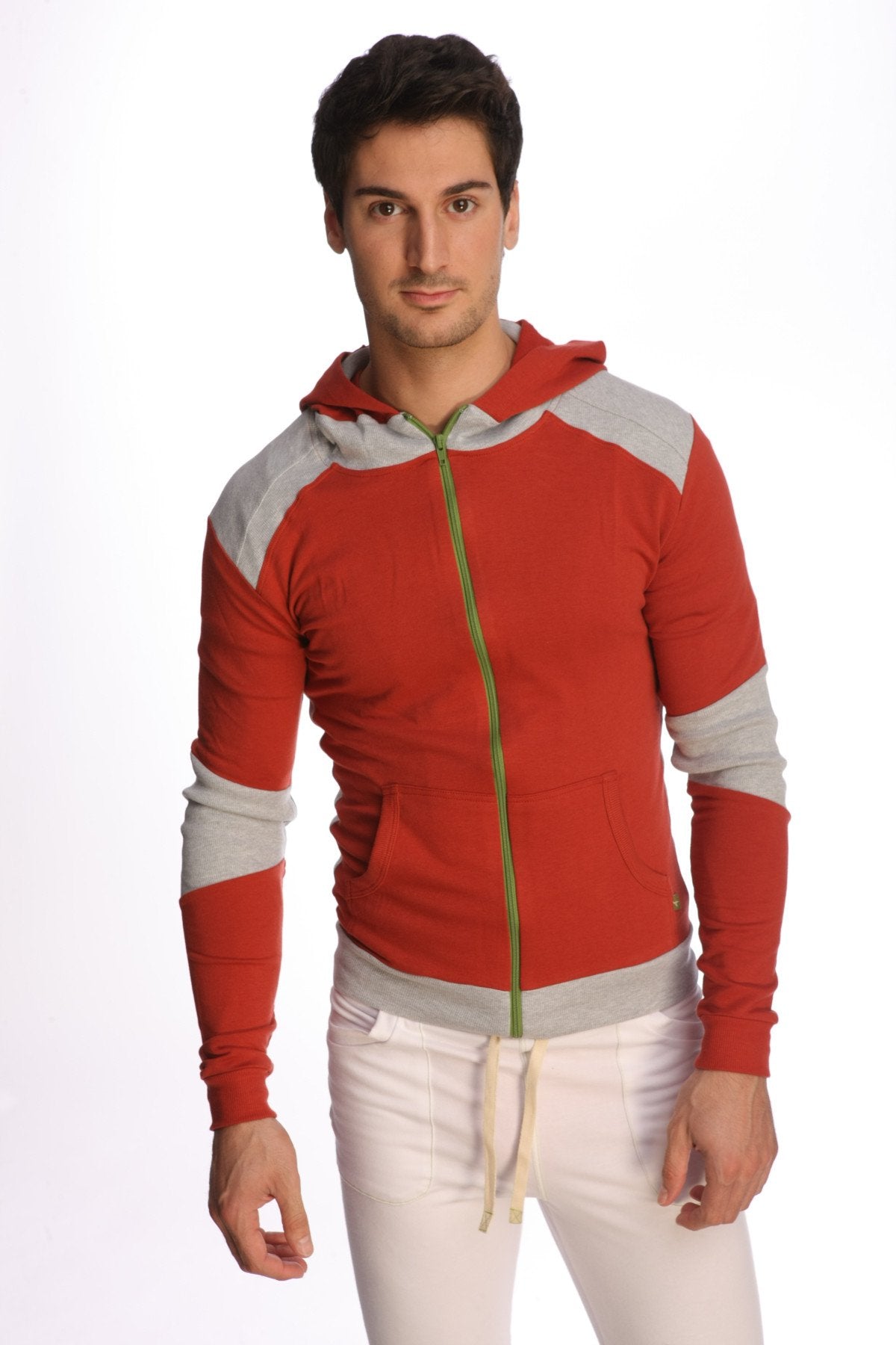 Form-fit crossover yoga track performance hoodie in cinnabar grey red and gray with green zipper for activewear