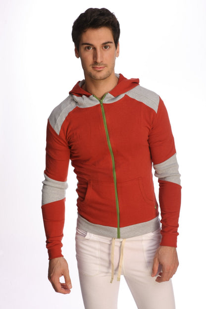 Form-fit crossover yoga track performance hoodie in cinnabar grey red and gray with green zipper for activewear